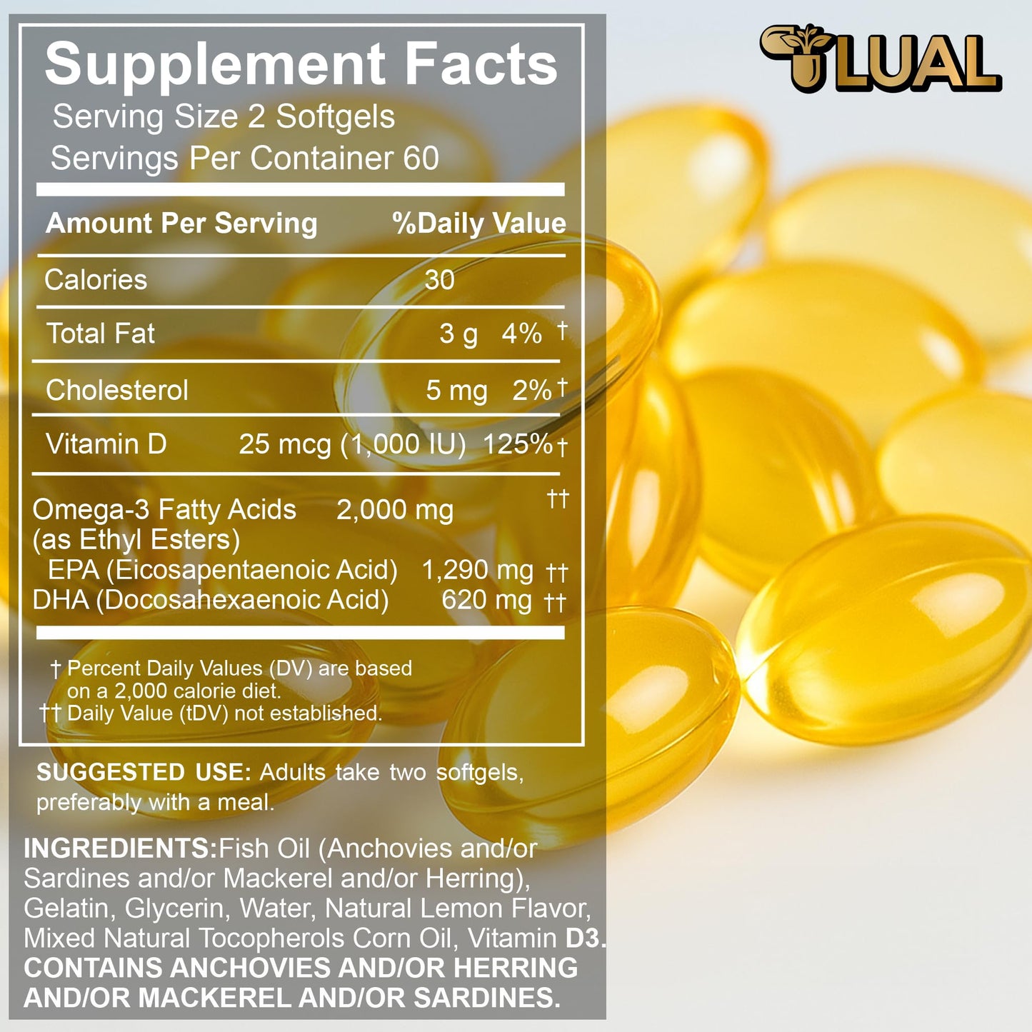 LUAL Omega-3 Fish Oil 2000mg with Vitamin D3 1,000 IU Softgels, 120 Count