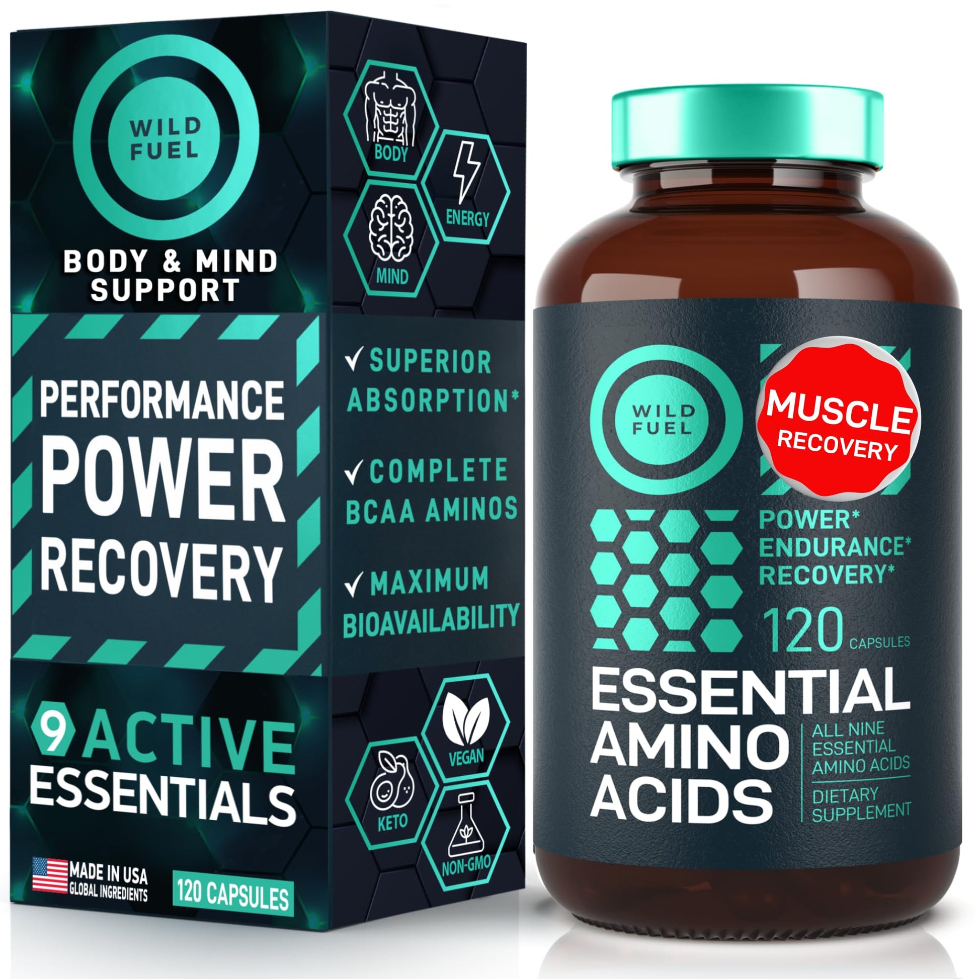 WILD FUEL Essential Amino Acids Supplement - All 9 EAAs with BCAAs - 3,000mg Per Serving - Muscle Growth, Power, Recovery - 120 Capsules