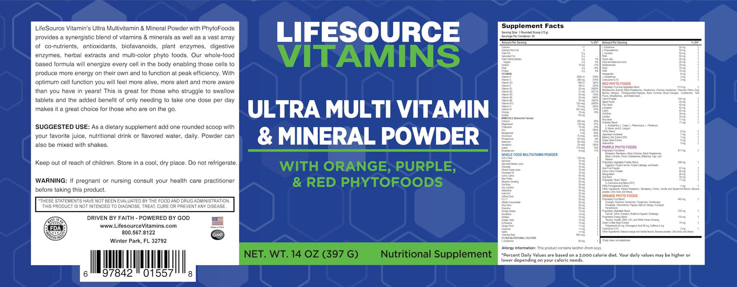 LifeSource Vitamins Ultra Multi Vitamin & Mineral Powder w/Phytos Reds Phyto Purples and Phyto Oranges, 14 oz
