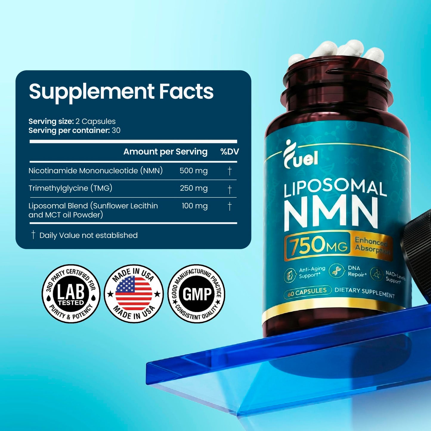 Fuel Liposomal NMN 750mg per Serving (500mg NMN + 250mg TMG) – Enhanced Absorption Nicotinamide Mononucleotide Supplement – NAD+ Support, 60 Capsules
