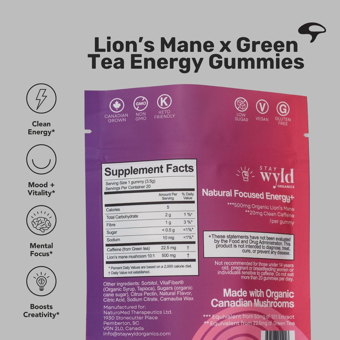 Stay Wyld Organics Focused Energy+ Mushroom Gummies with Lion's Mane & Green Tea, 20 Gummies