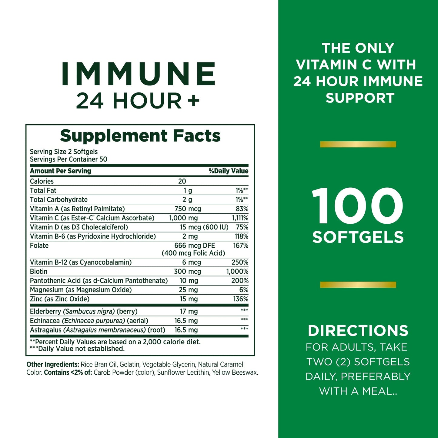 Nature's Bounty Vitamin C 24 Hour Immune Support with Zinc and Vitamin D Ester-C 1000mg Softgels, 100 Count