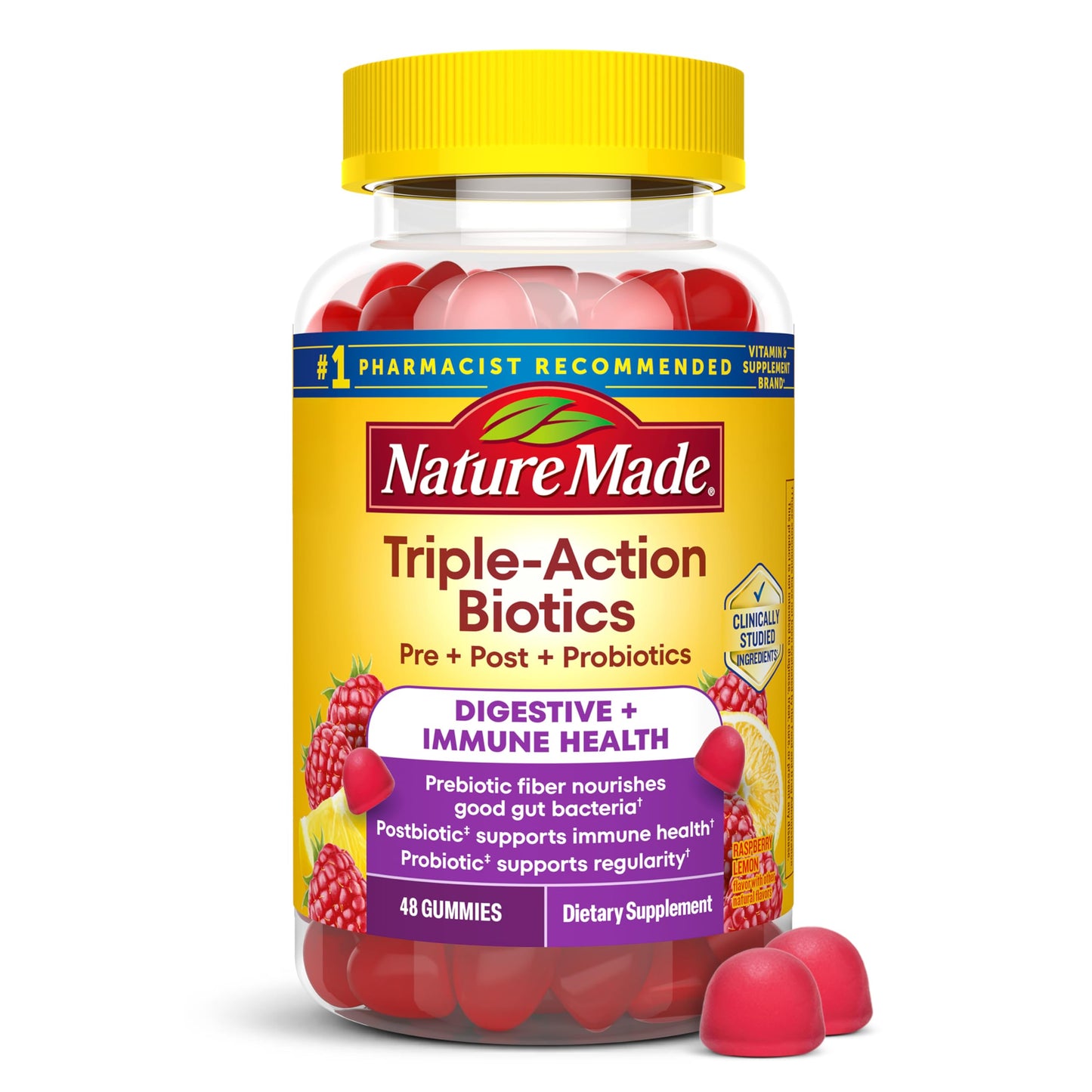 Nature Made Triple-Action Biotics, Gut and Immune Health Support, Digestive Probiotics for Women and Men, Prebiotic Fiber Gummies 48 Gummies