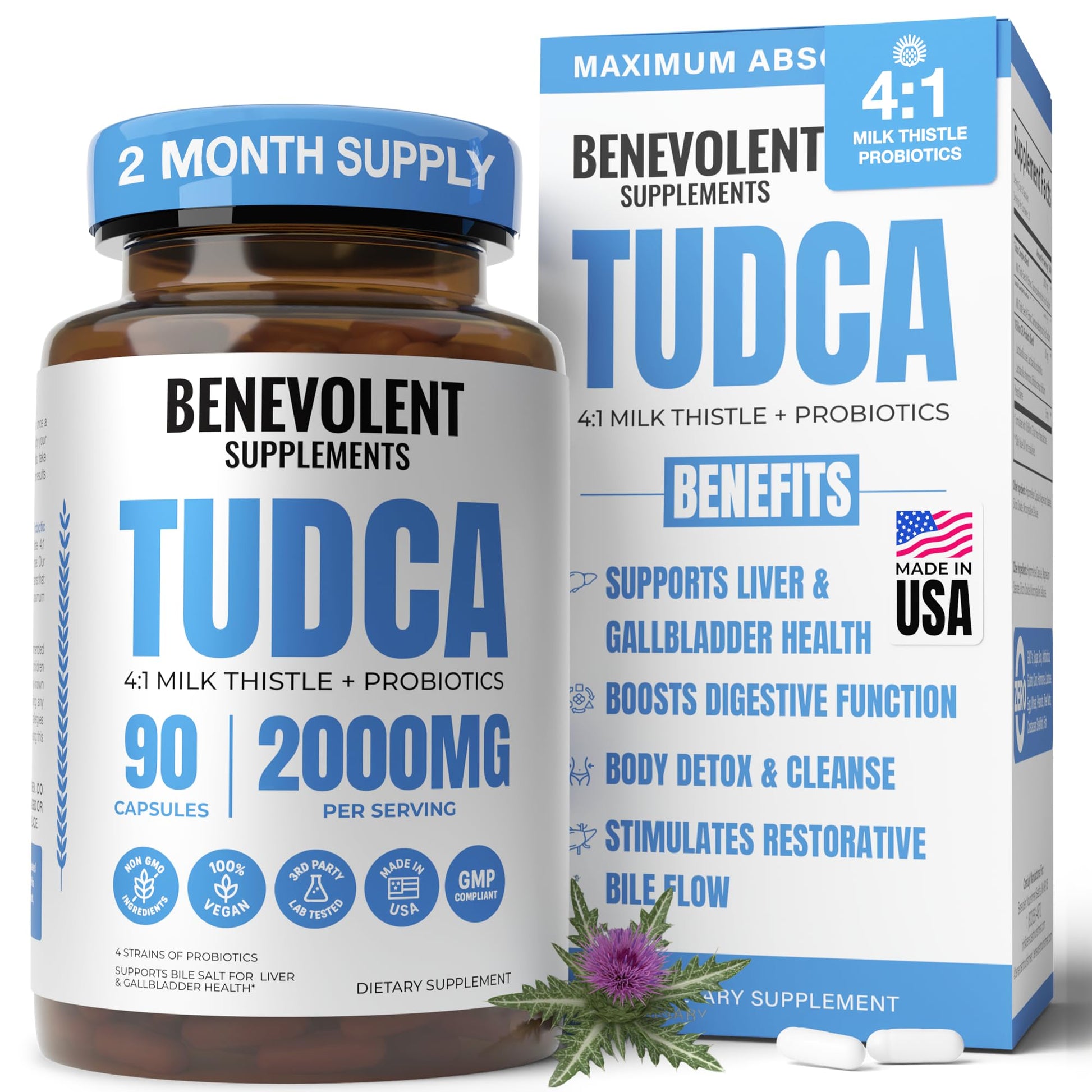 Benevolent Nourishment 2000mg Advanced TUDCA Bile Salts Supplement Capsules, 90 Count