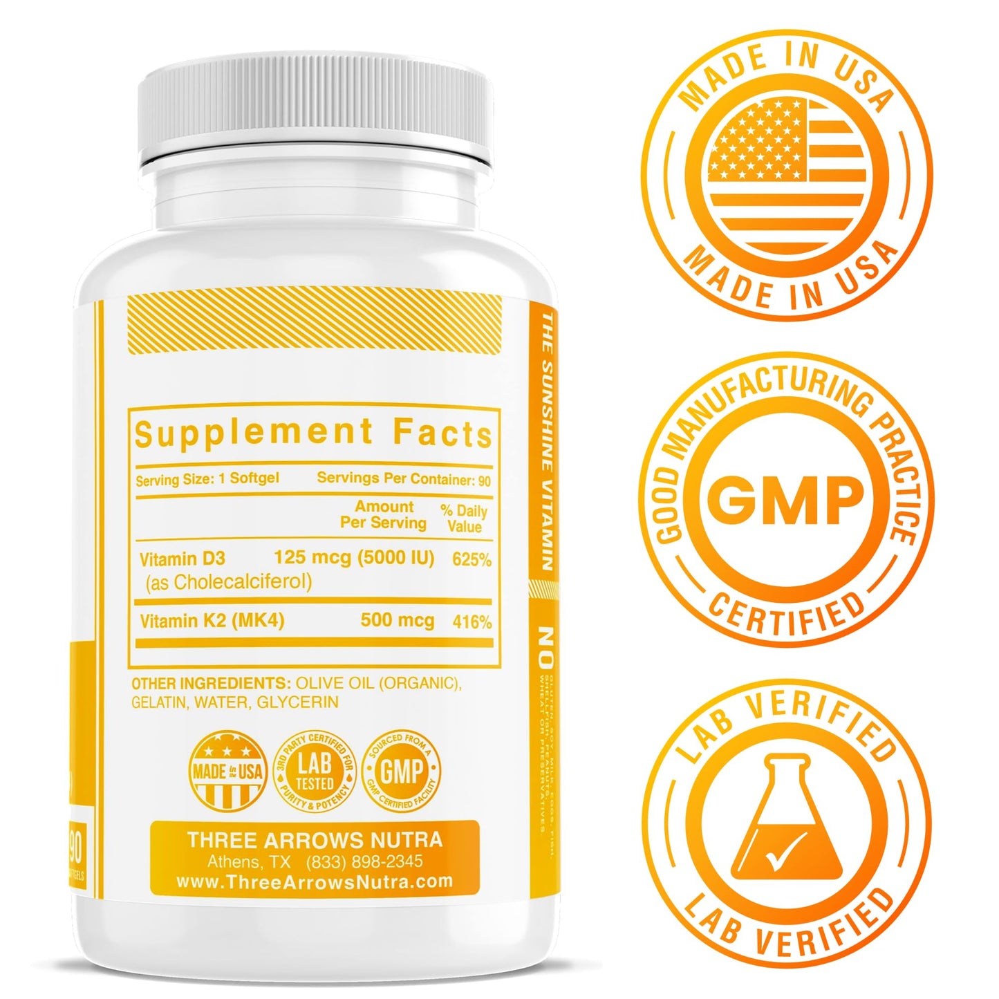 Three Arrows Shine Vitamin D3 K2 MK4 5000 IU + K2 500 mcg Softgels, 90