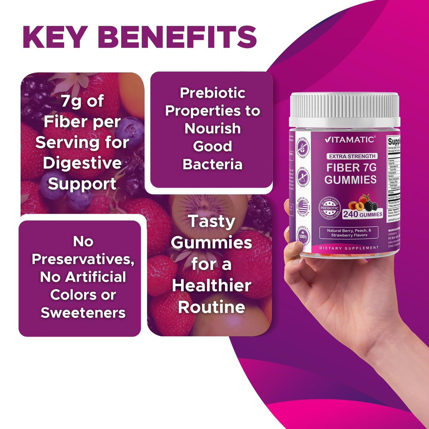 Vitamatic Prebiotic Fiber Gummies for Adults, 7G Extra Strength, Zero Sugar Added, Pectin-Based, 240 Gummies
