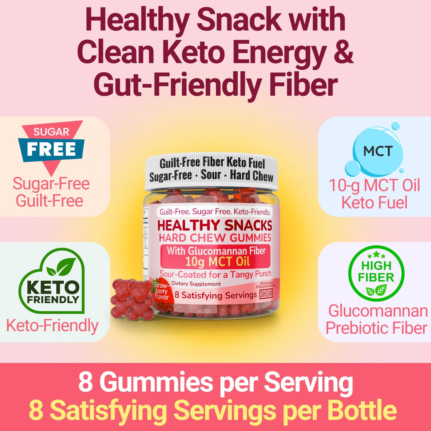 SHIZAM High-Fiber Keto Gummies, MCT Oil C8/C10, Gluten Free, No Sugar, Low Calorie, Low Carb, 64 Count