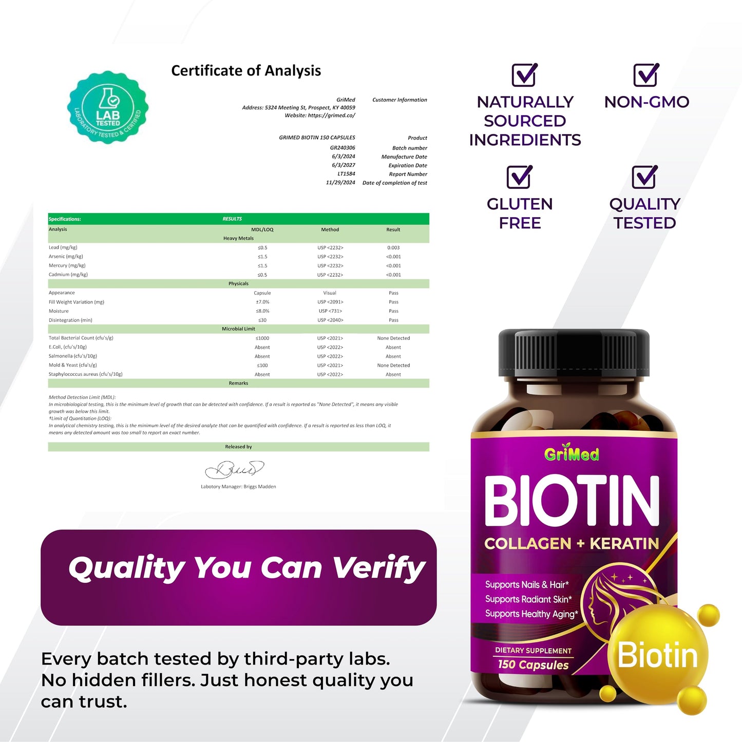 GriMed Biotin Capsules with Collagen, Keratin, Hyaluronic Acid & Resveratrol, Hair Skin and Nails Support, 150 Capsules
