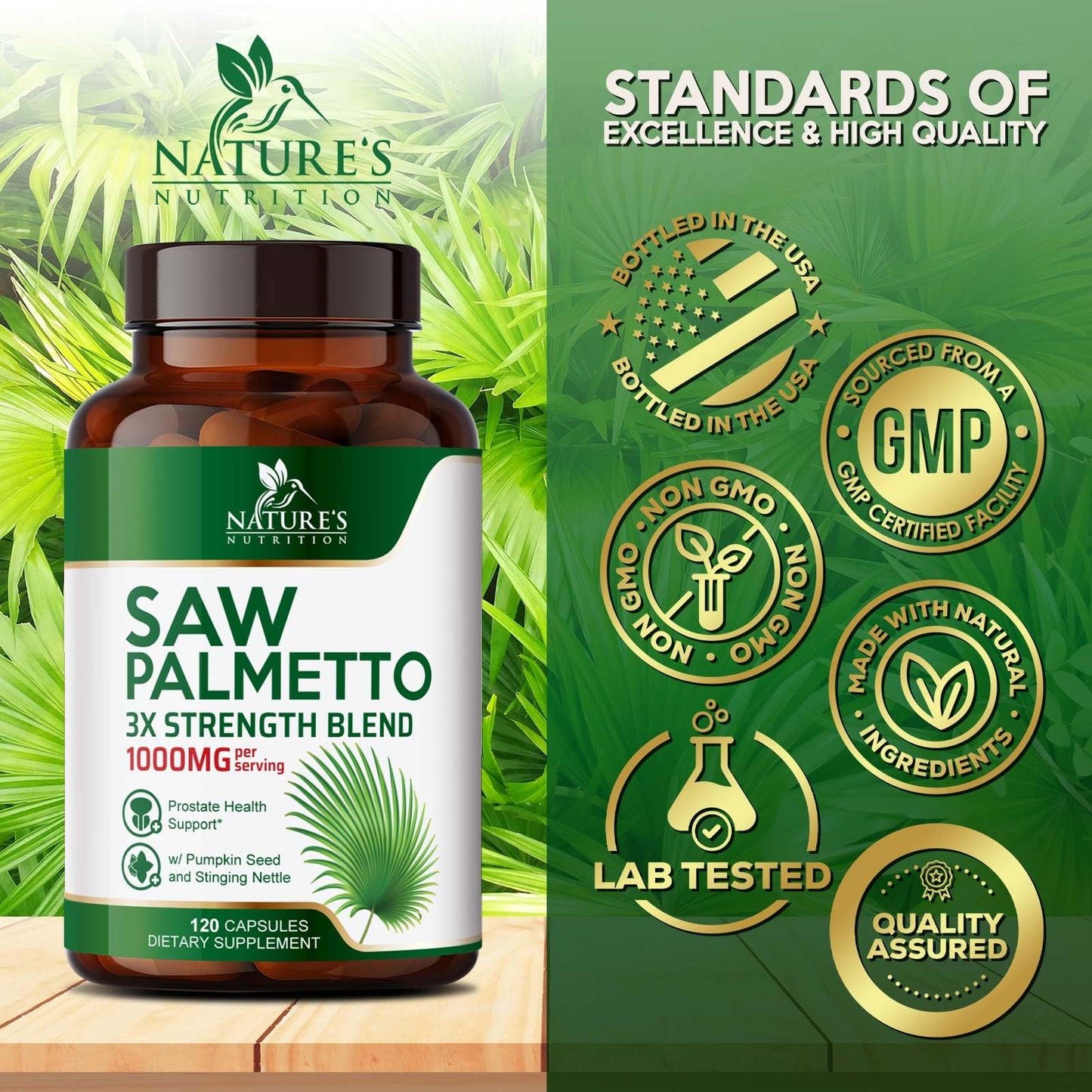 Nature's Nutrition Saw Palmetto for Men 3X Strength Prostate Health Capsules 120 Count