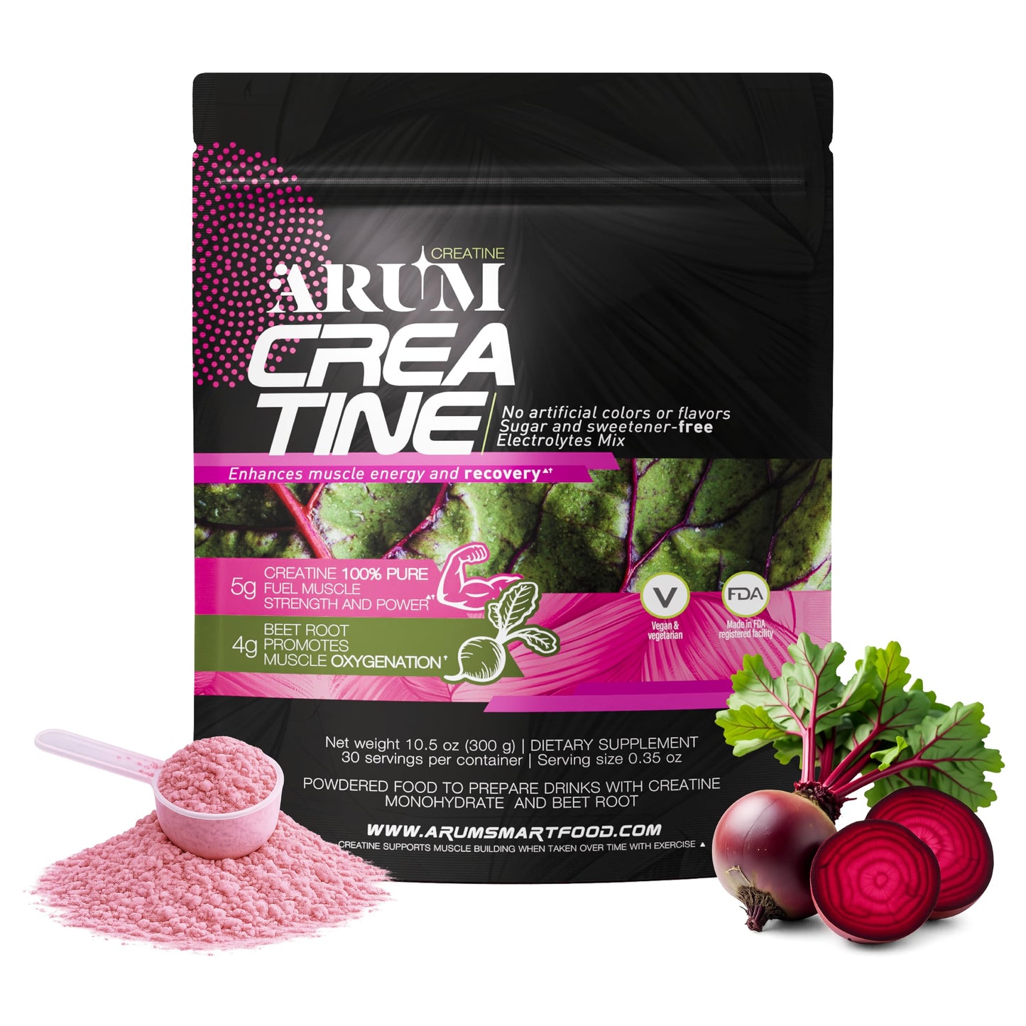 ARUM Creatine with Beetroot & Electrolytes Micronized Creatine Monohydrate Powder, 10.5 oz