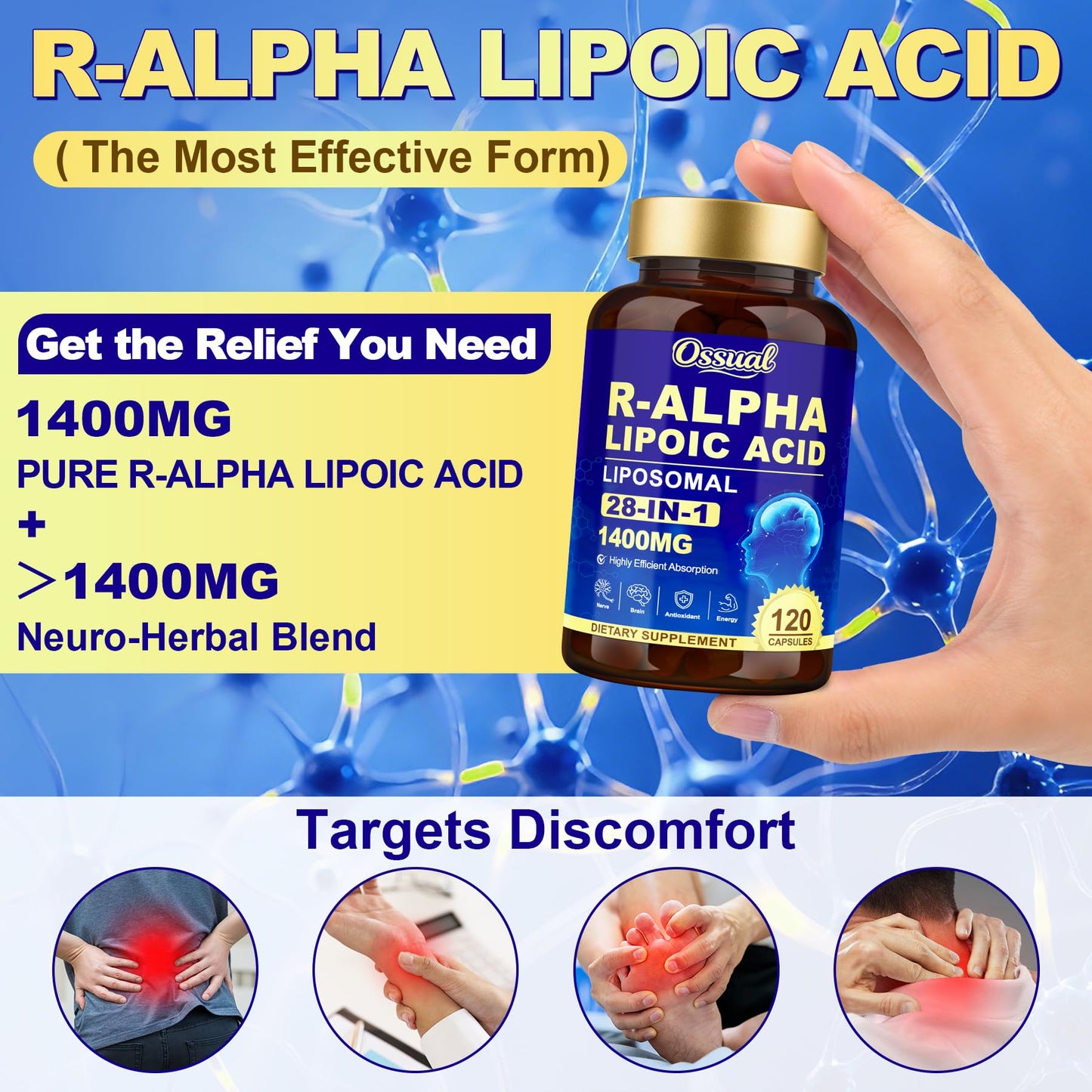 Ossual 28-in-1 R Alpha Lipoic Acid 1400mg Neuropathy Supplements Capsules 120 Count