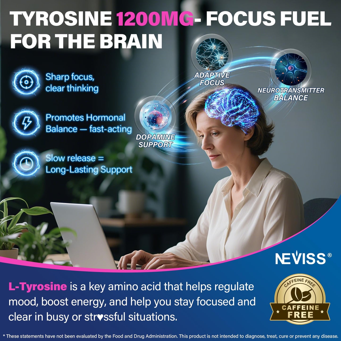 NEVISS L Tyrosine Gummies 1200mg Plus GABA L-Theanine 200mg, 60 Count