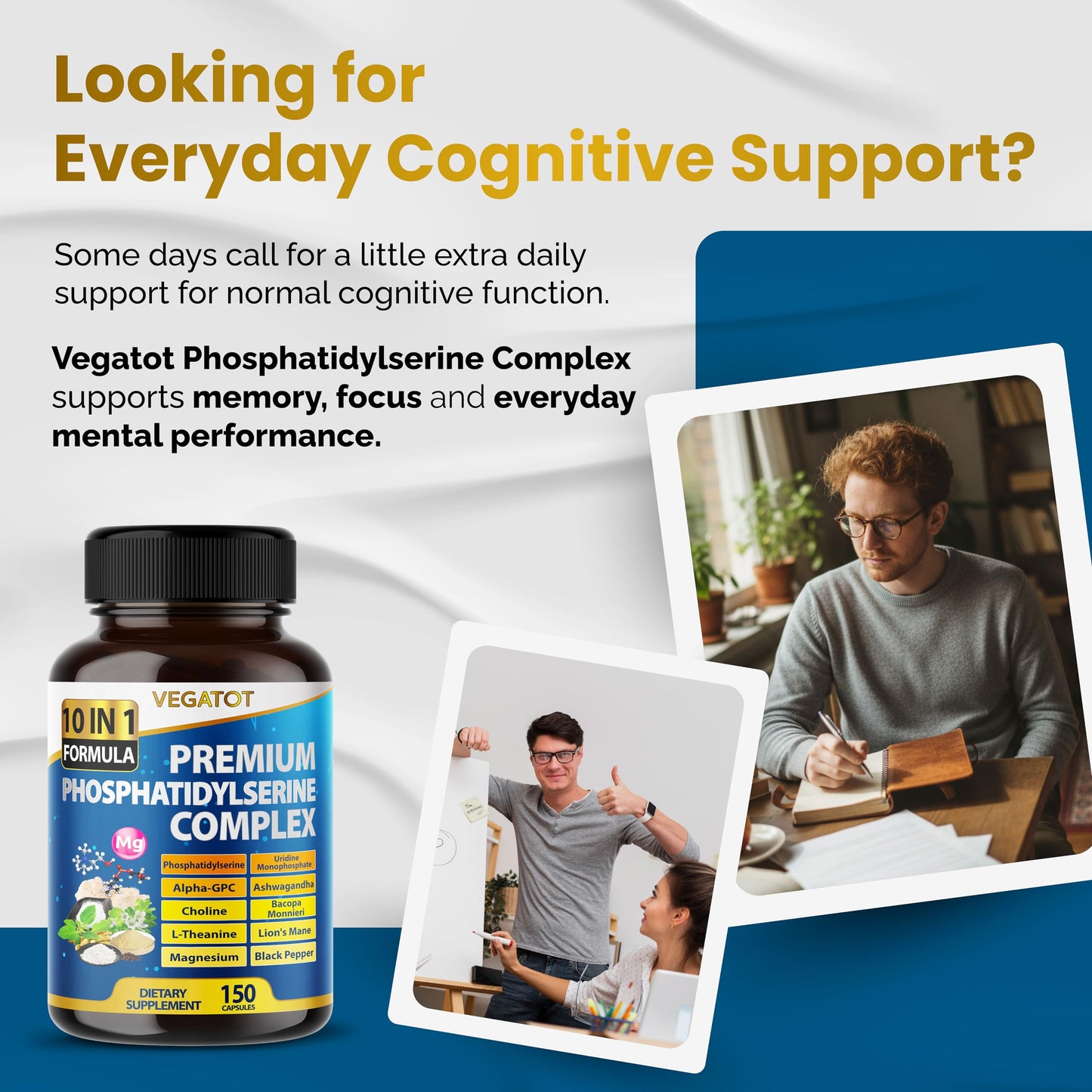 VEGATOT Premium Organic Phosphatidylserine Complex 10-in-1 Formula with Alpha-GPC, Uridine, Choline, Ashwagandha & Lion’s Mane – Supports Memory, Focus & Clarity – 150 Capsules