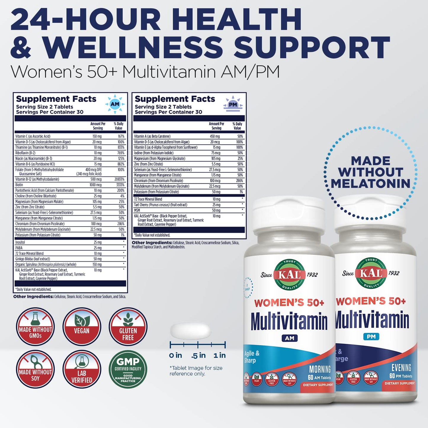 KAL Plus 2-in-1 Multivitamin for Women 50+, AM/PM Vitamin B and D, Biotin, Ginkgo Biloba, Bone Strength and Immune Support, 120 Tablets