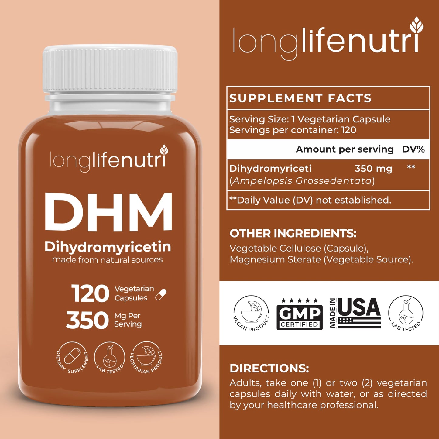 LongLifeNutri DHM (Dihydromyricetin) 350mg Capsules, 120 Count