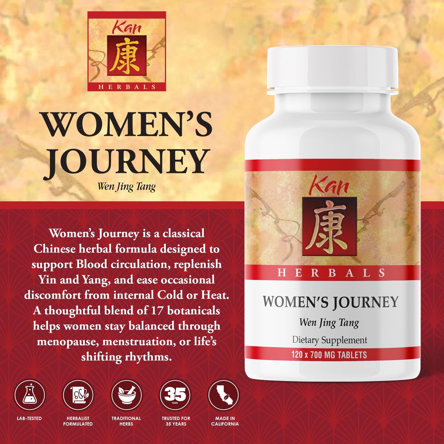 Kan Herbs Women’s Journey Traditional Formula with Dong Quai, Cinnamon Bark and Peony, Supports Circulation, Menstrual Ease & Hormonal Balance, 120 Tablets