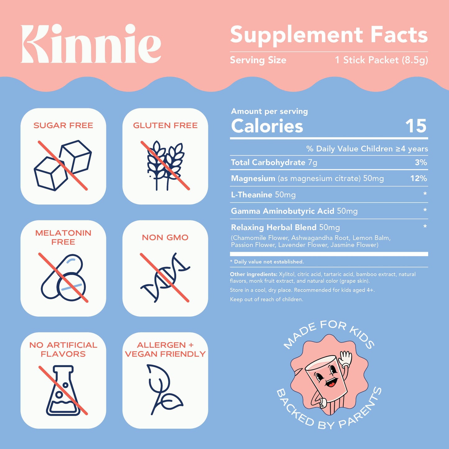 Kinnie Calming Sugar Free Vitamin Mix for Kids - Grape Flavor, Melatonin Free - Herbal/Magnesium Supplement for Bedtime, Focus & Travel Powder 30