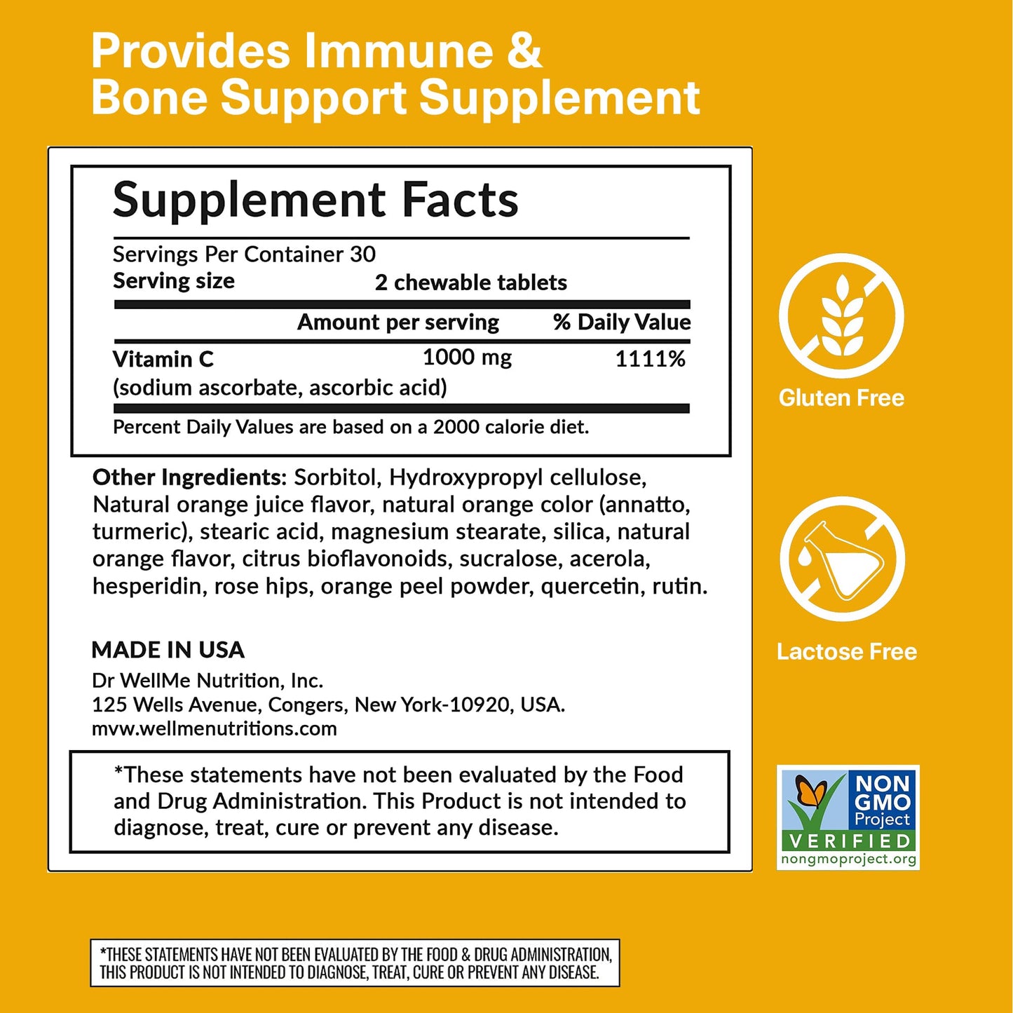 DR WELLME NUTRITION Vitamin C 500mg Chewable Tablets with Rose Hips, 60 Count
