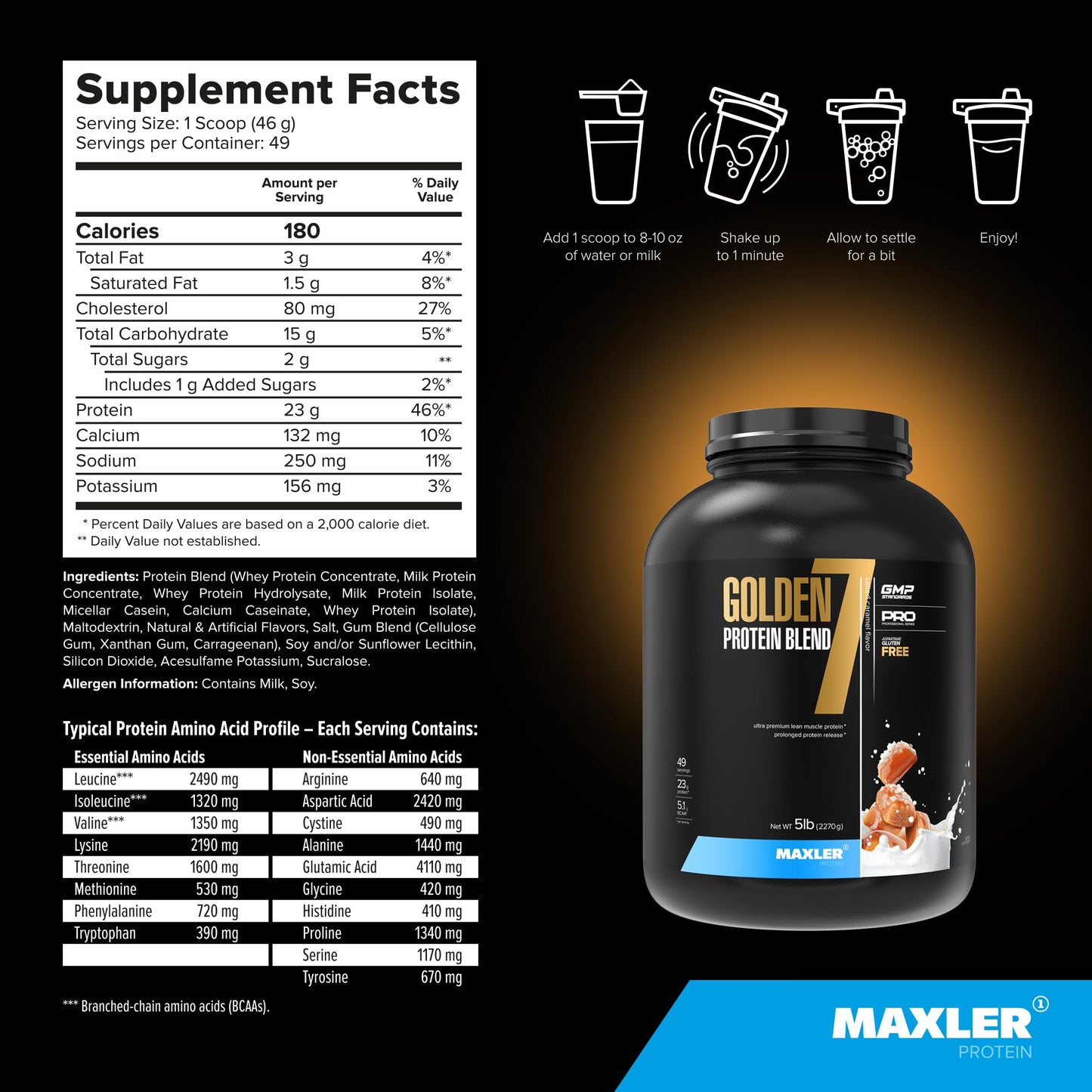 Maxler Golden 7 Protein Blend Protein Powder Salted Caramel, 5 lb, 80 Servings