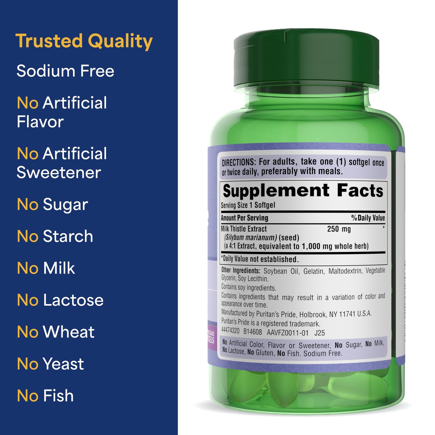 Puritan's Pride Milk Thistle 4:1 Concentration Extract 250 mg Capsules 180 Count
