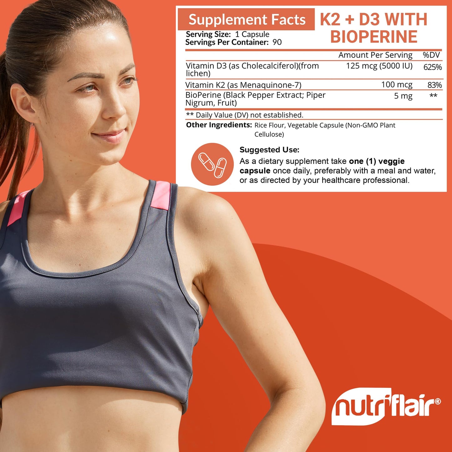 NutriFlair Vitamin D3 (5000iu/125mcg) + K2 (Mk7) Capsules, 90 Count