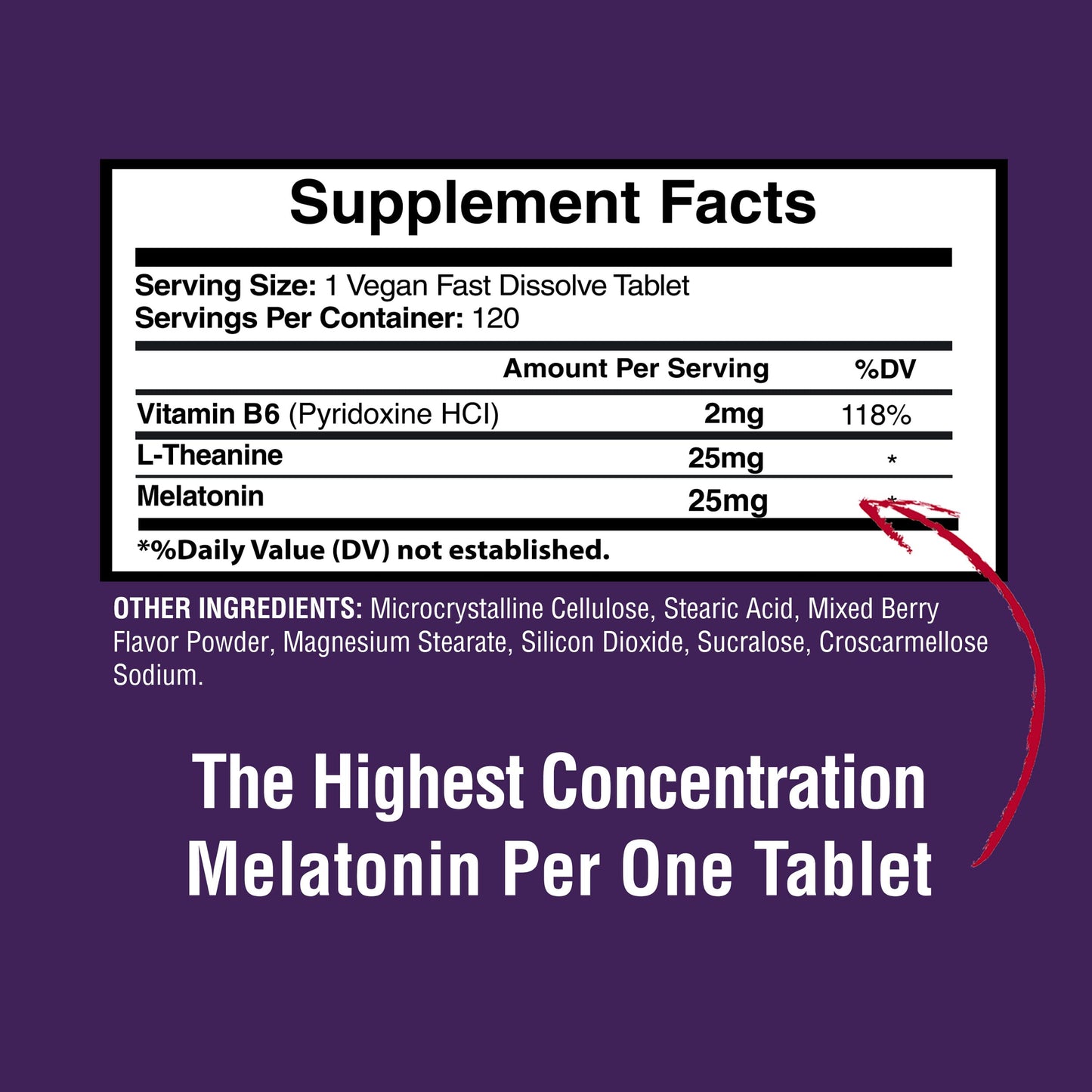Happi Mi Nutrition Melatonin 25mg Extra Strength with L-Theanine & Vitamin B-6 Fast-Dissolve Tablets, 120 Count