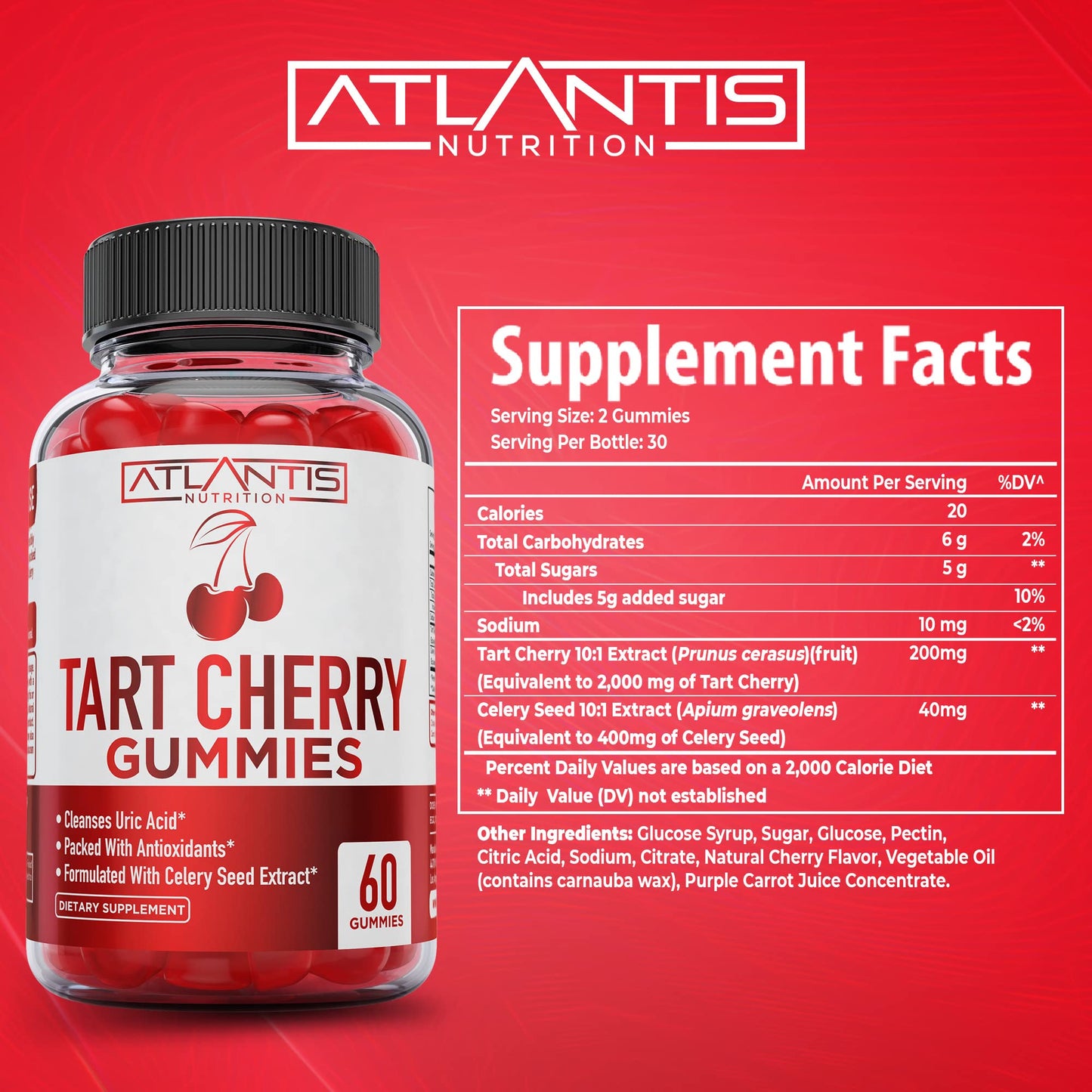 Atlantis Nutrition Keto Apple Cider Vinegar Gummies + Tart Cherry Gummies with Celery Seed Extract, 60 Gummies