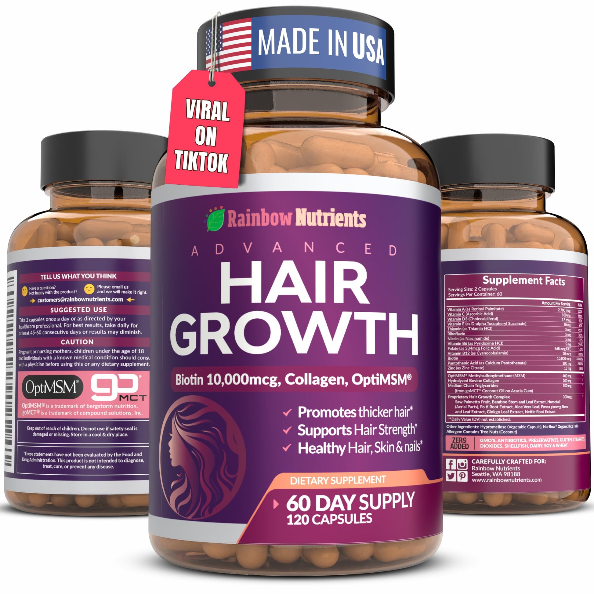 Rainbow Nutrients Biotin 10,000mcg with Collagen, OptiMSM, Saw Palmetto Hair Growth Vitamins for Women Capsules 120 Count