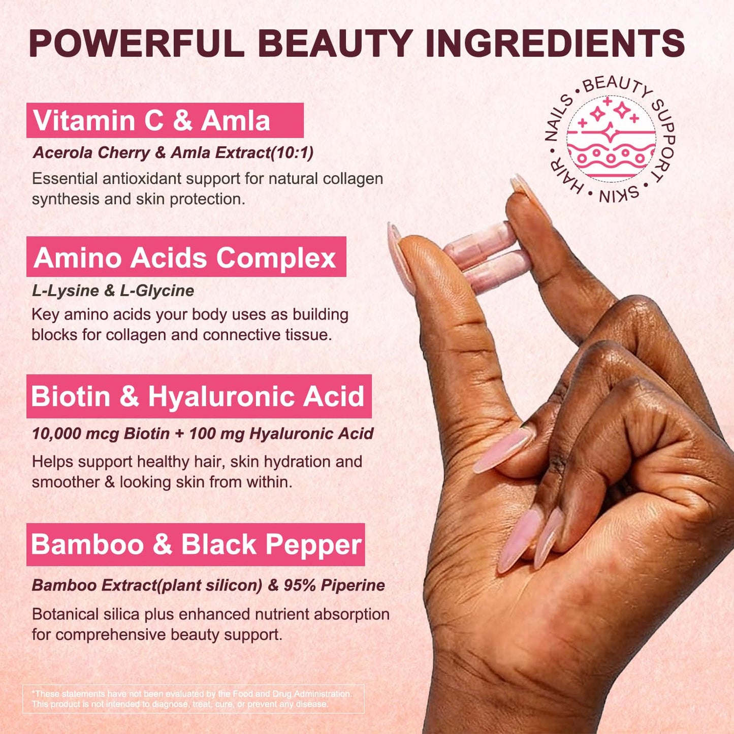 VEGEPOWER Vegan Collagen Booster with Biotin 10,000 mcg, Hyaluronic Acid, Bamboo Silica, Vitamin C & Zinc, Plant Based Hair Skin & Nails Support, 90 Capsules