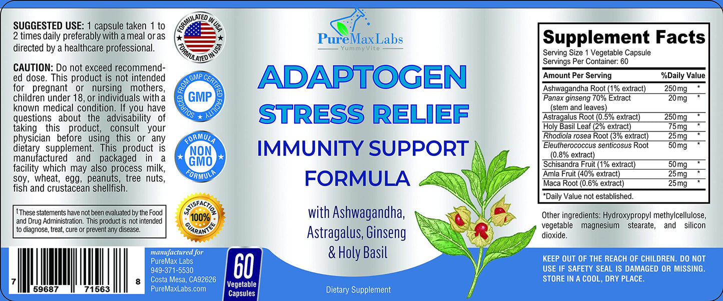 YUMMYVITE Adaptogen Stress Relief Immune Support Formula Capsules, 60 Count