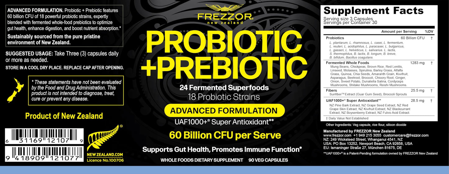 FREZZOR Probiotic + Prebiotic Capsules Softgel, 60 Billion CFUs, 18 Strains, Digestive Health for Men and Women, Shelf Stable, With Fermented Wholefoods, Prebiotic & Fibre, 180 Softgels