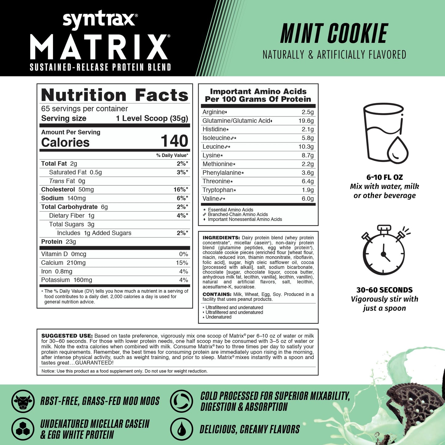 Syntrax Matrix Sustained-Release Protein Blend Powder, Mint Cookie, 80