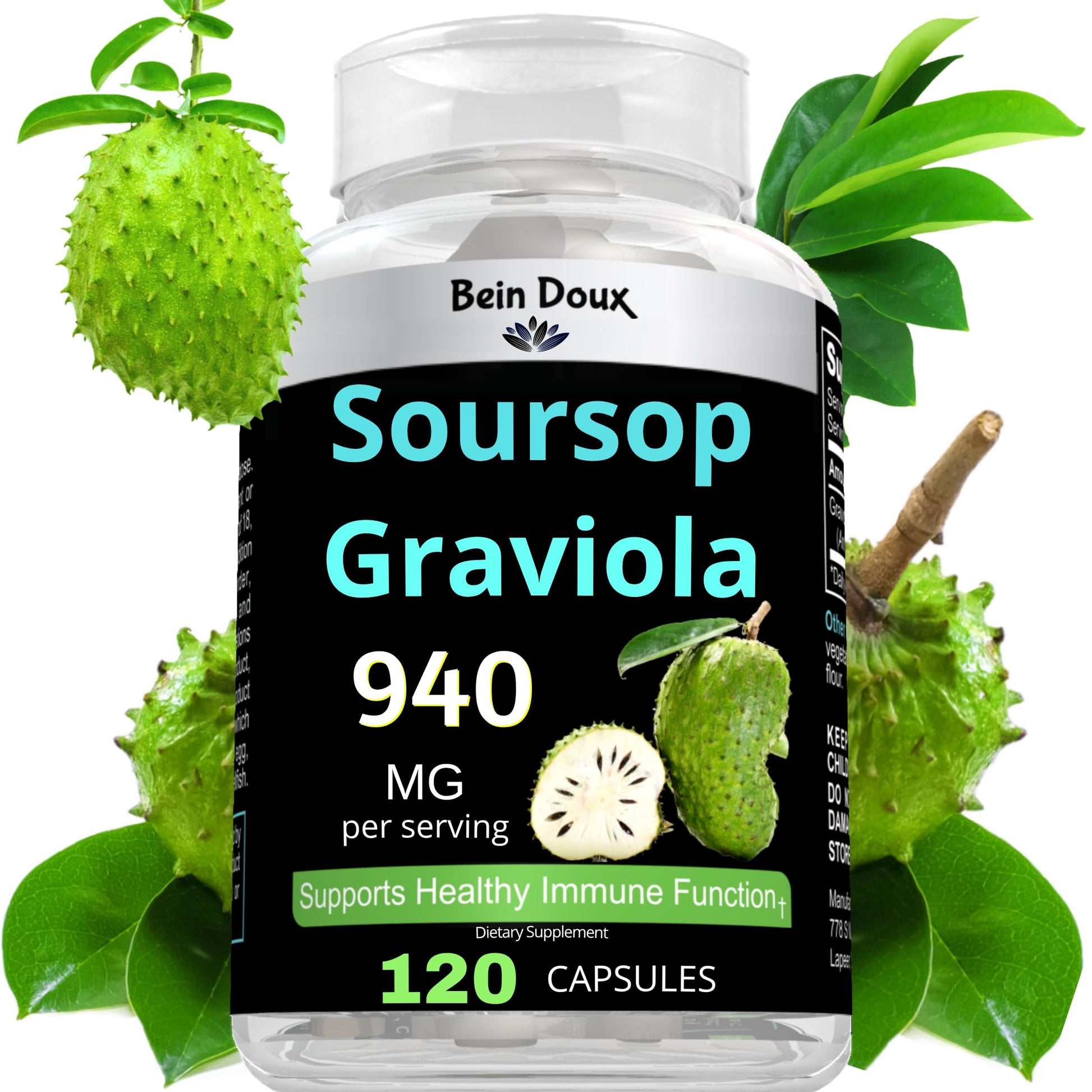 BEIN DOUX 940mg Soursop Graviola Leaves Powder Capsule Rich in Antioxidants, 120 Capsules