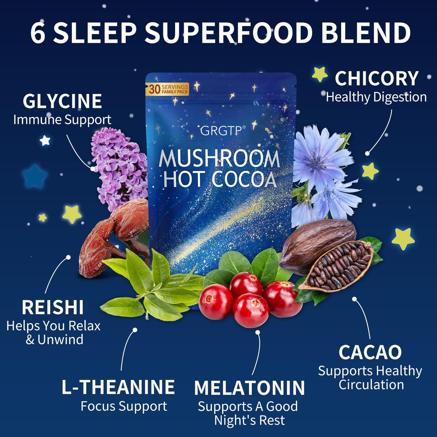 GRGTP Mushroom Hot Cocoa Reishi & L-Theanine Adaptogenic Hot Chocolate Mix with Melatonin & Glycine for Sleep Support, Stress Relief, and Relaxation Powder, 11.64 Ounce