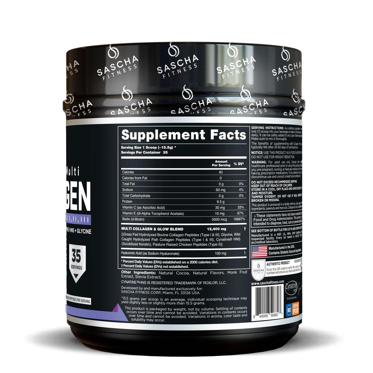 SASCHA FITNESS Hydrolyzed Multi Collagen Peptides Type 1, 2 & 3 Powder, 17.28 oz