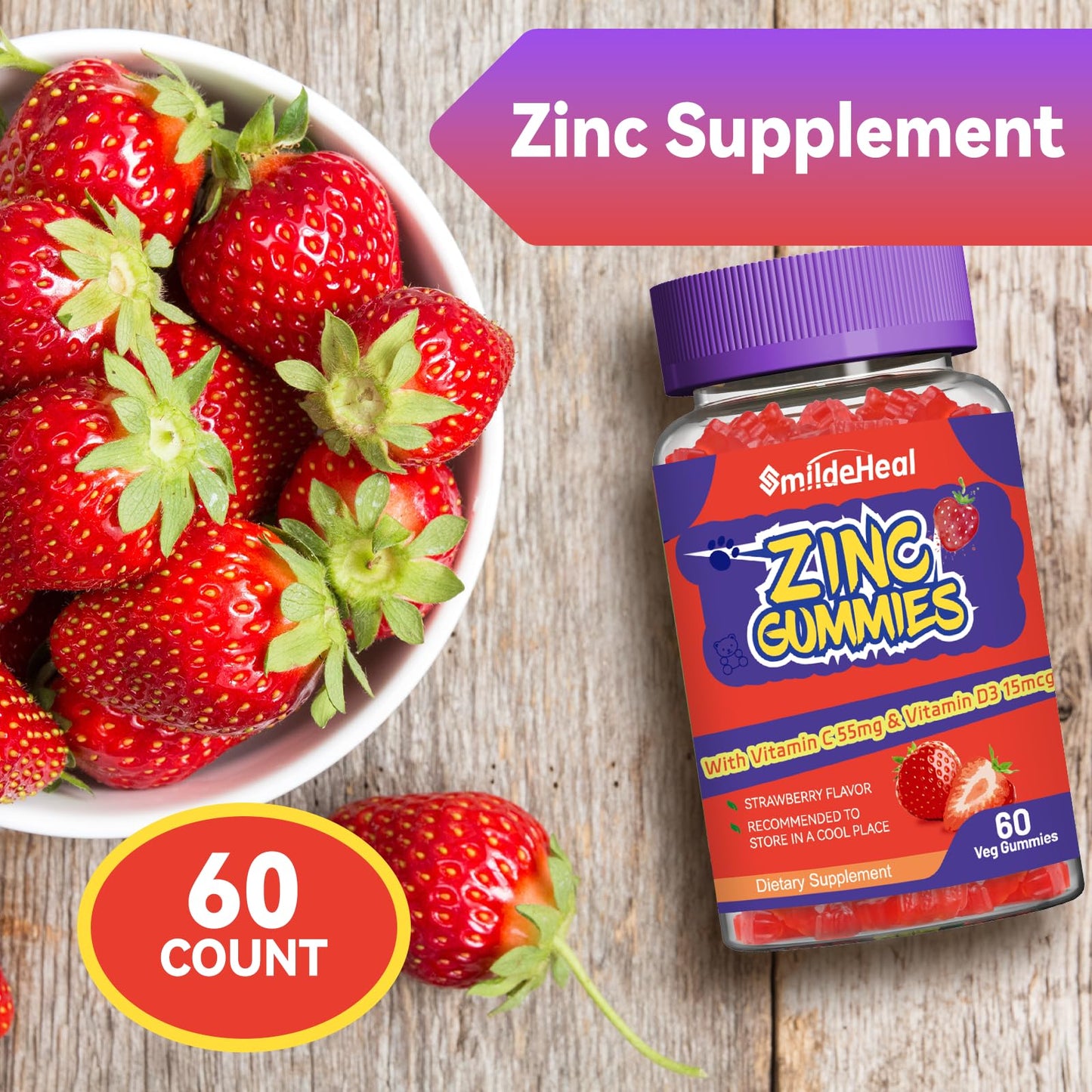 SmildeHeal Zinc Gummies, 60 Count