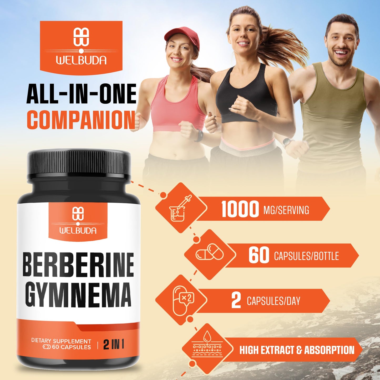 WELBUDA Berberine Supplement with Organic Gymnema Sylvestre Leaf Capsules 60 Count