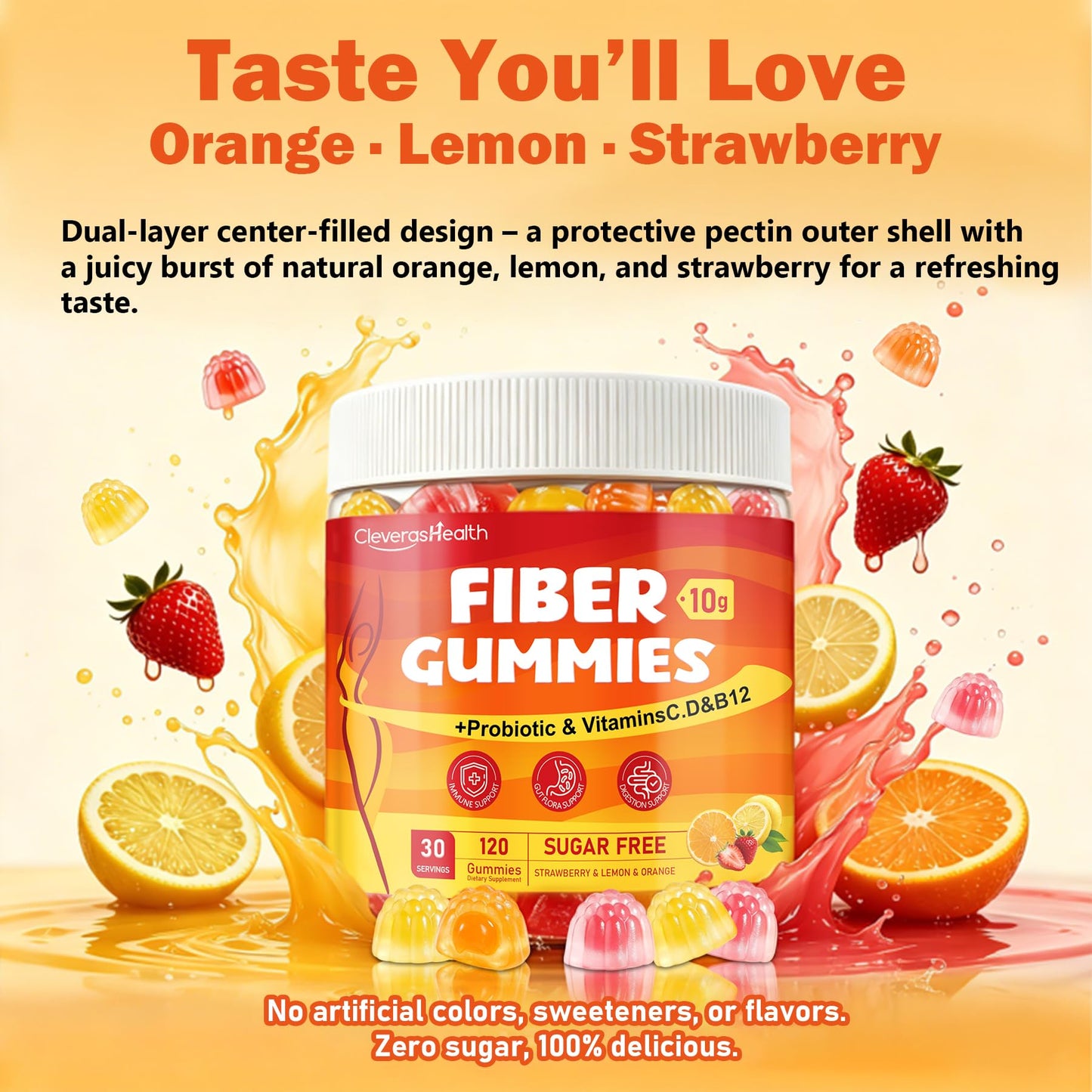 CleverasHealth 10G Fiber Gummies for Adults with 30 Billion CFU Probiotics, Vitamins C, D, B12, Electrolytes - Supports Digestive Health & Relieves Constipation and Bloating, Sugar Free, 120 Gummies