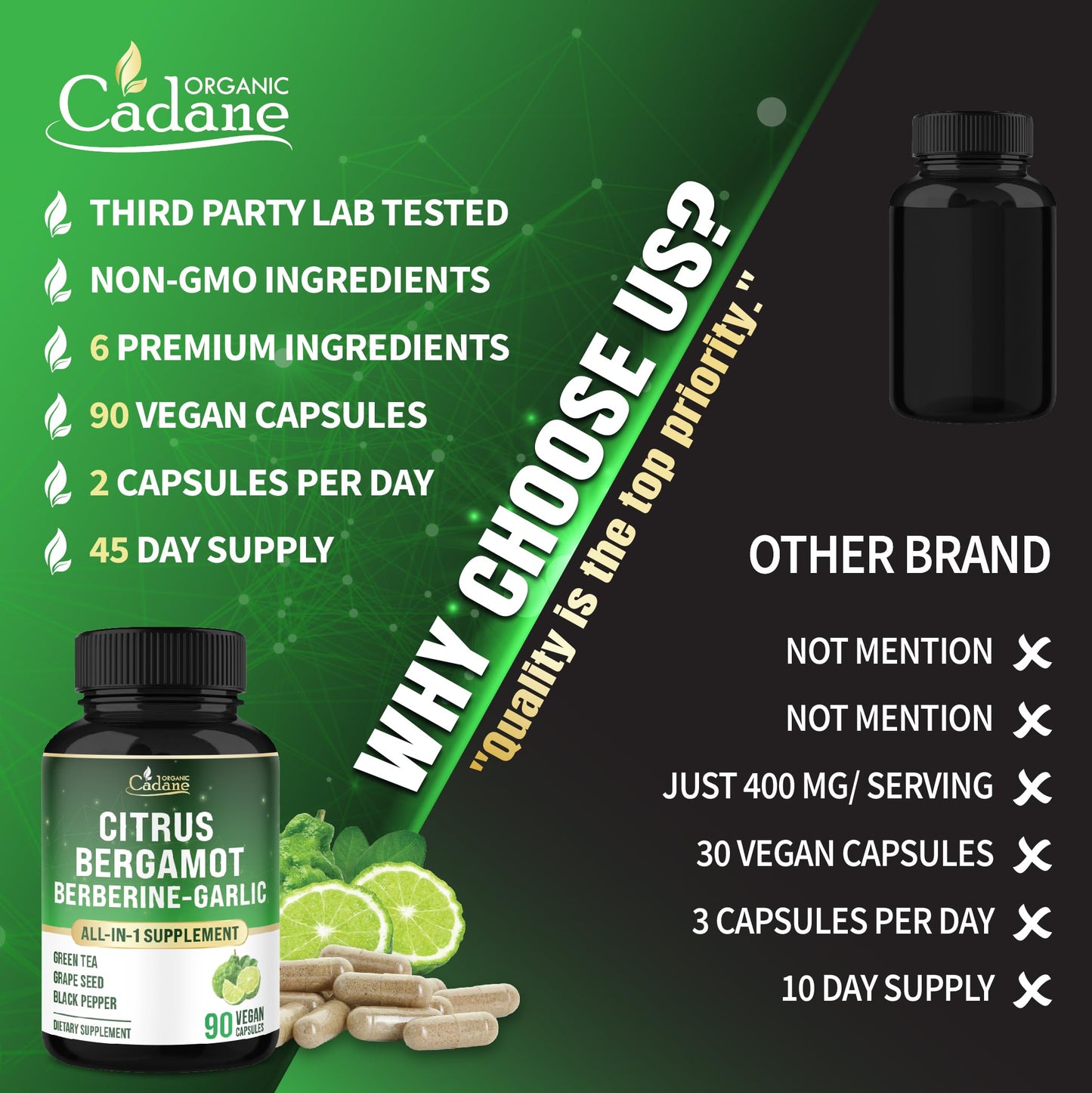 Organic Cadane Citrus Bergamot Supplement with Berberine, Garlic, Green Tea, Grape Seed & Black Pepper 90 Capsules