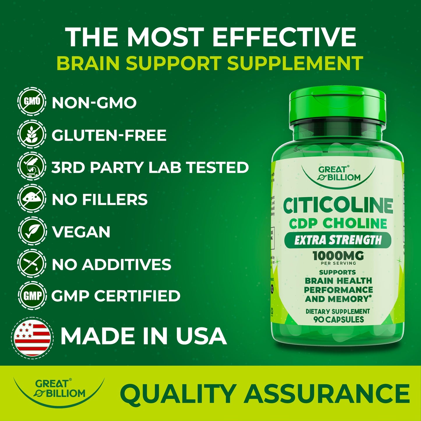 GREAT BILLIOM Citicoline CDP Choline 1000mg Capsule, 90 Count