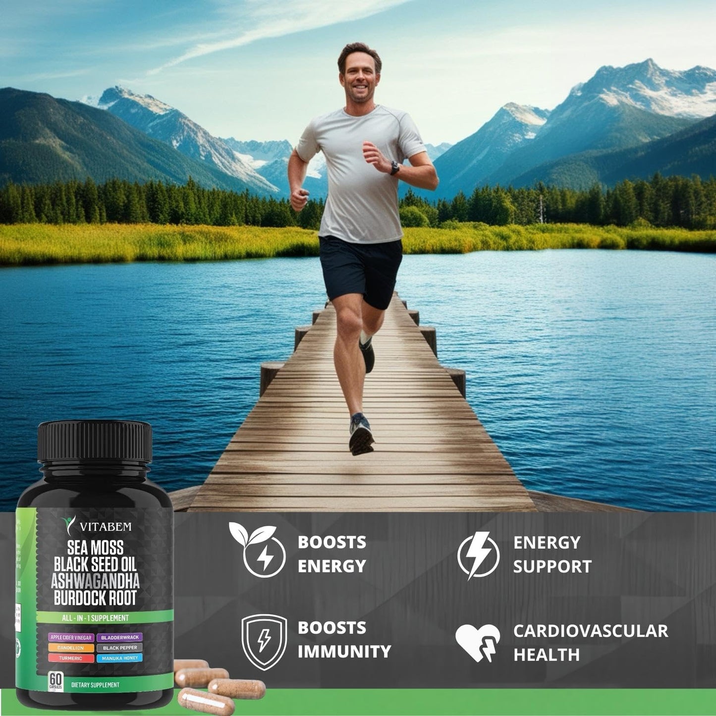 Vitabem Sea Moss Black Seed Oil Ashwagandha Turmeric Bladderwrack Burdock Root Capsules - 60 Count
