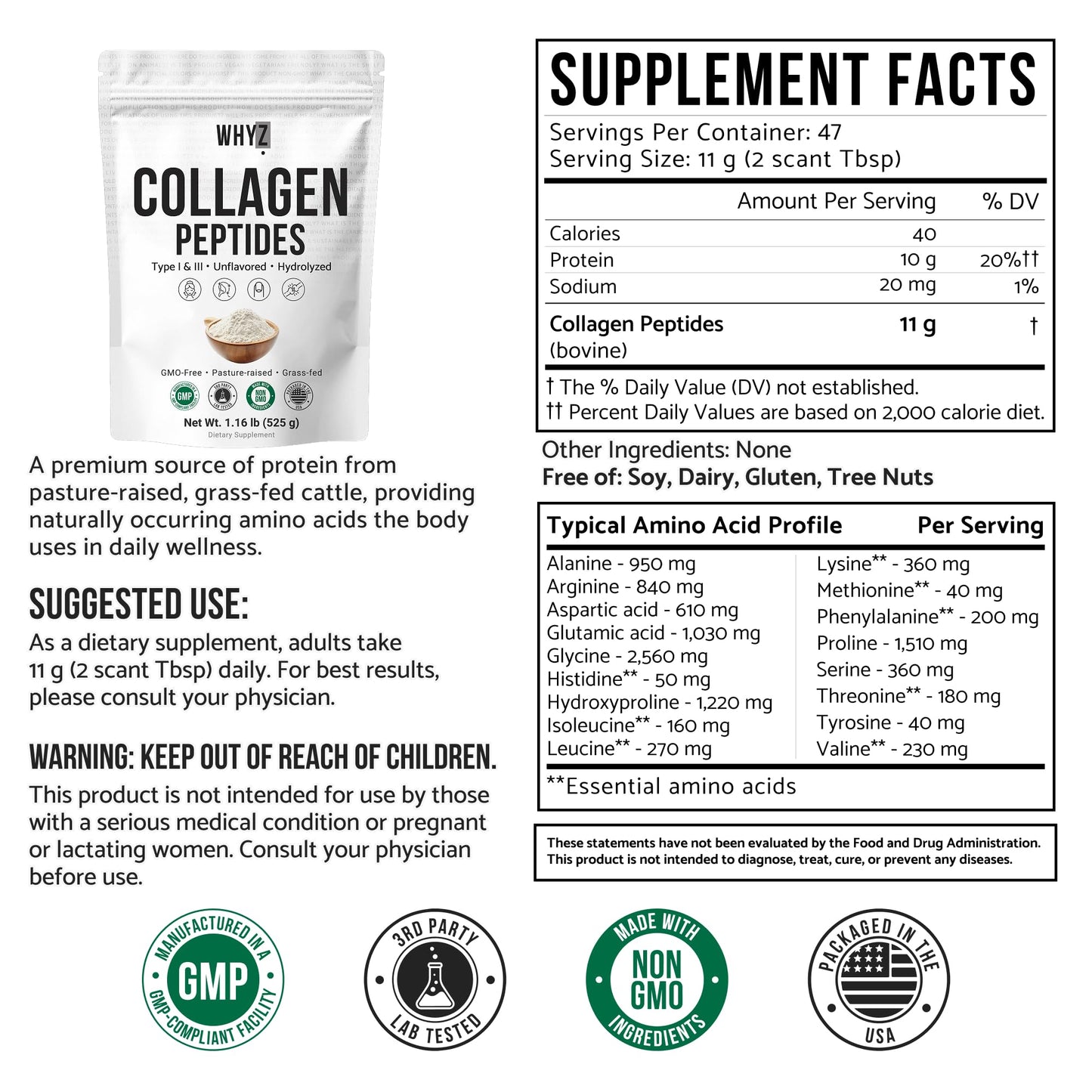 WHYZ Bovine Collagen Peptides Powder Hydrolyzed Type I & III, 19.2 oz