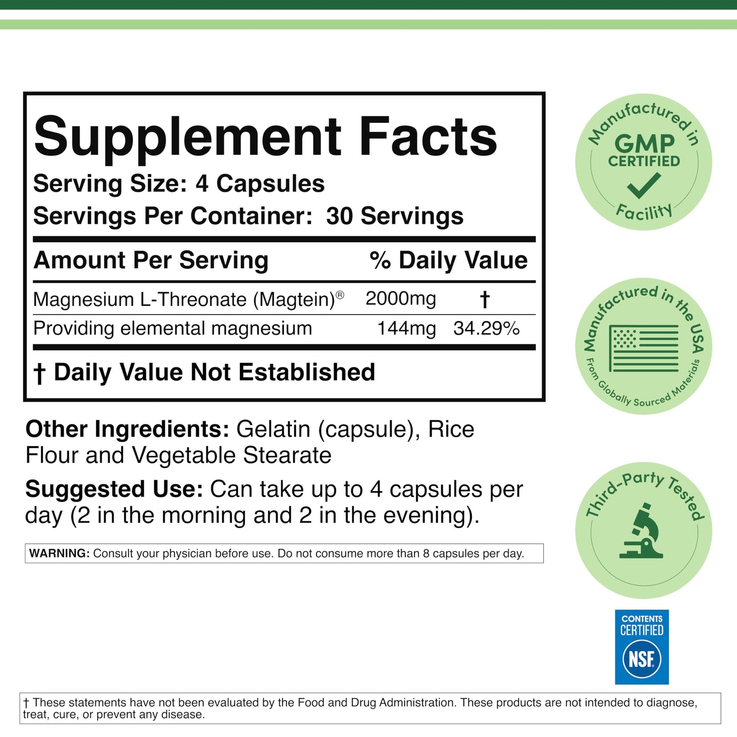 Double Wood Supplements Magnesium L Threonate Magtein Capsules, 120 Count