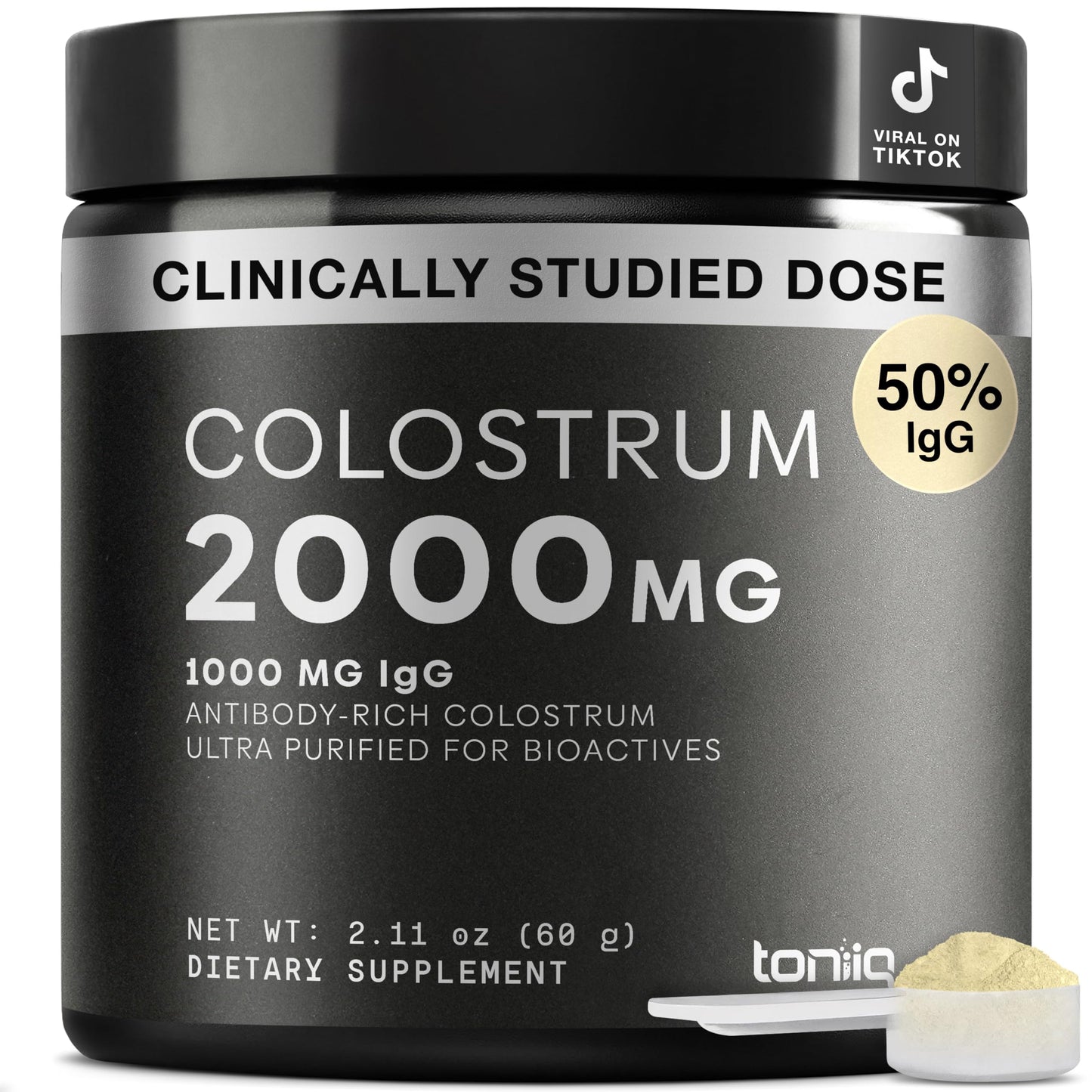 Toniiq Bovine Colostrum Powder 2000mg, 50% IgG, 2.11 Ounce