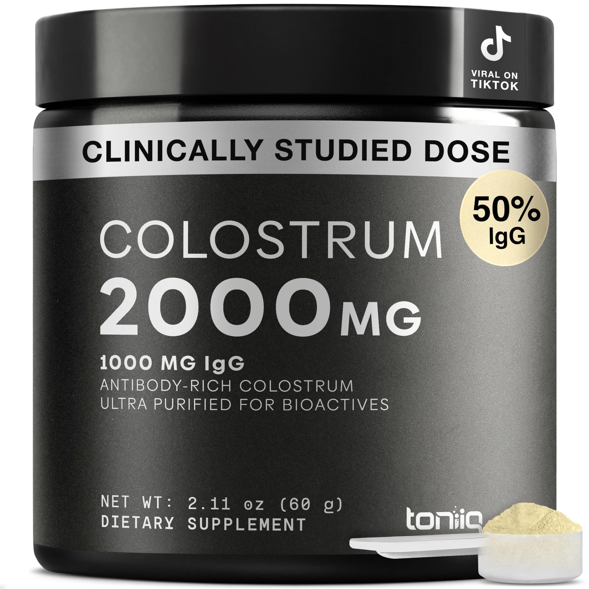 Toniiq Bovine Colostrum Powder 2000mg, 50% IgG, 2.11 Ounce