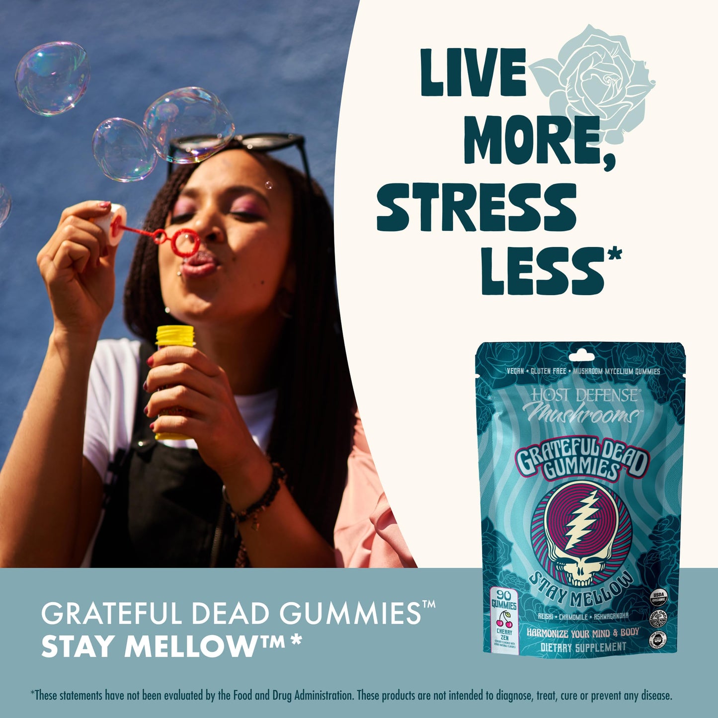 Host Defense Stay Mellow Grateful Dead Gummies - Reishi Mushroom Gummies with Ashwagandha, Chamomile & Lions Mane, Gummy, 90 Count