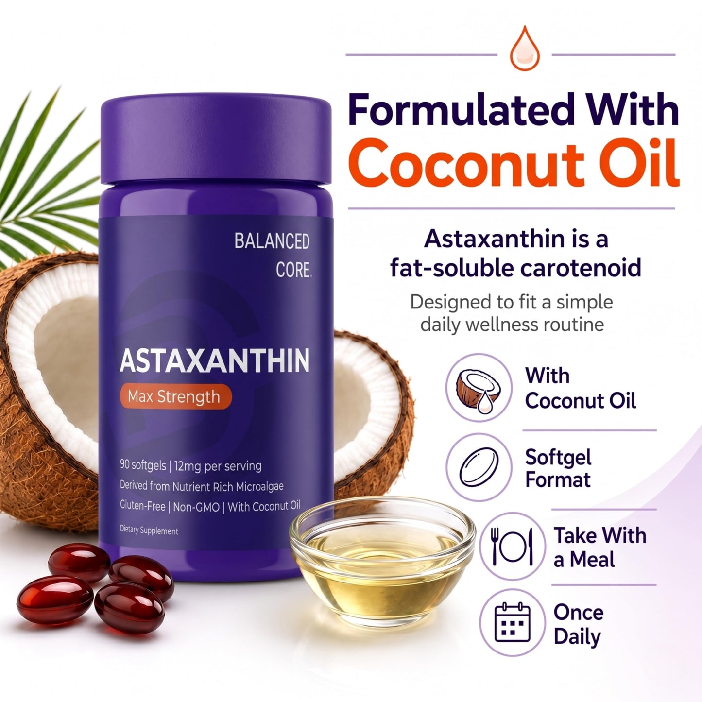 BALANCED CORE Astaxanthin 12mg Softgel 90 Count