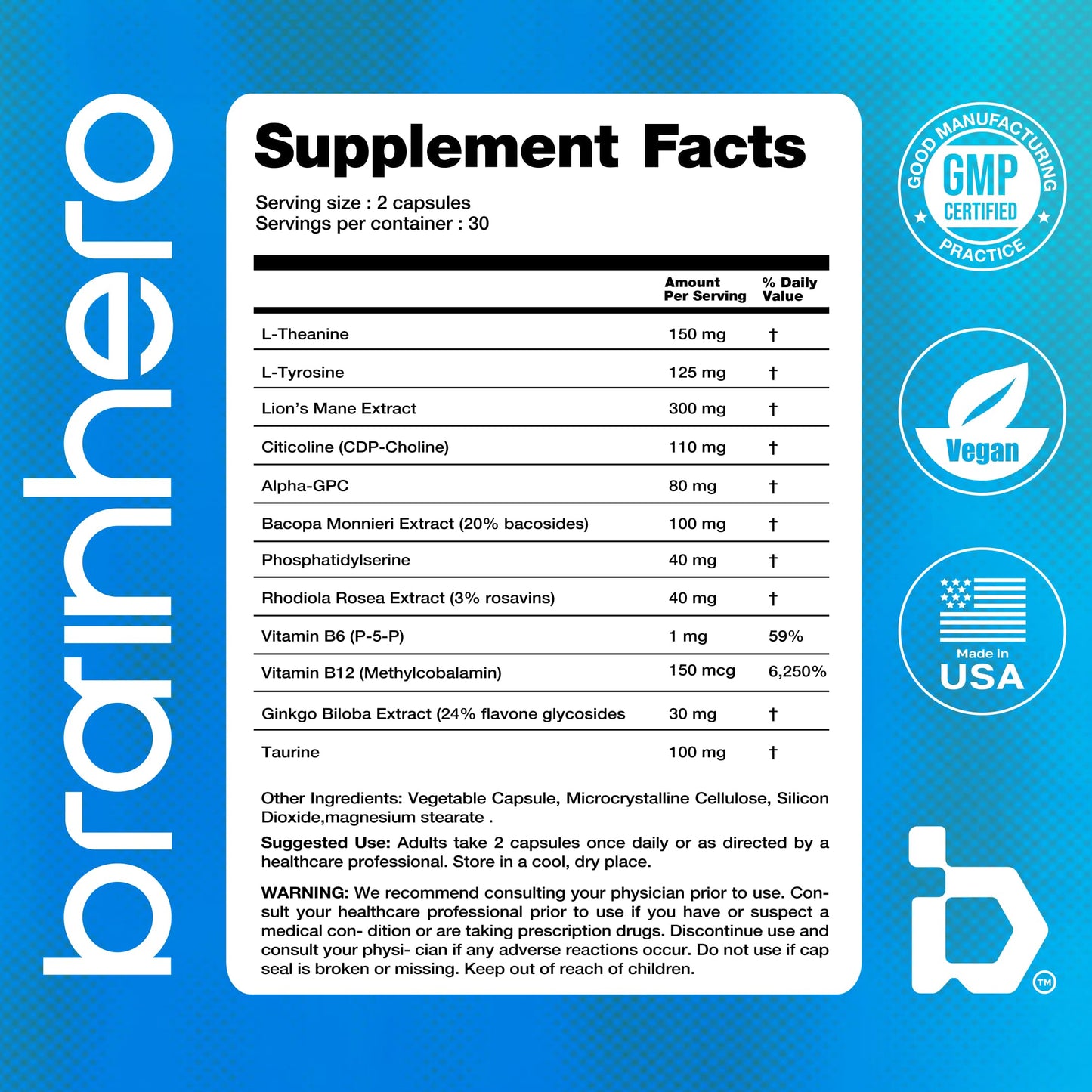 Brain Hero Natural Cognitive Health Support Vegan Capsules, 60 Count