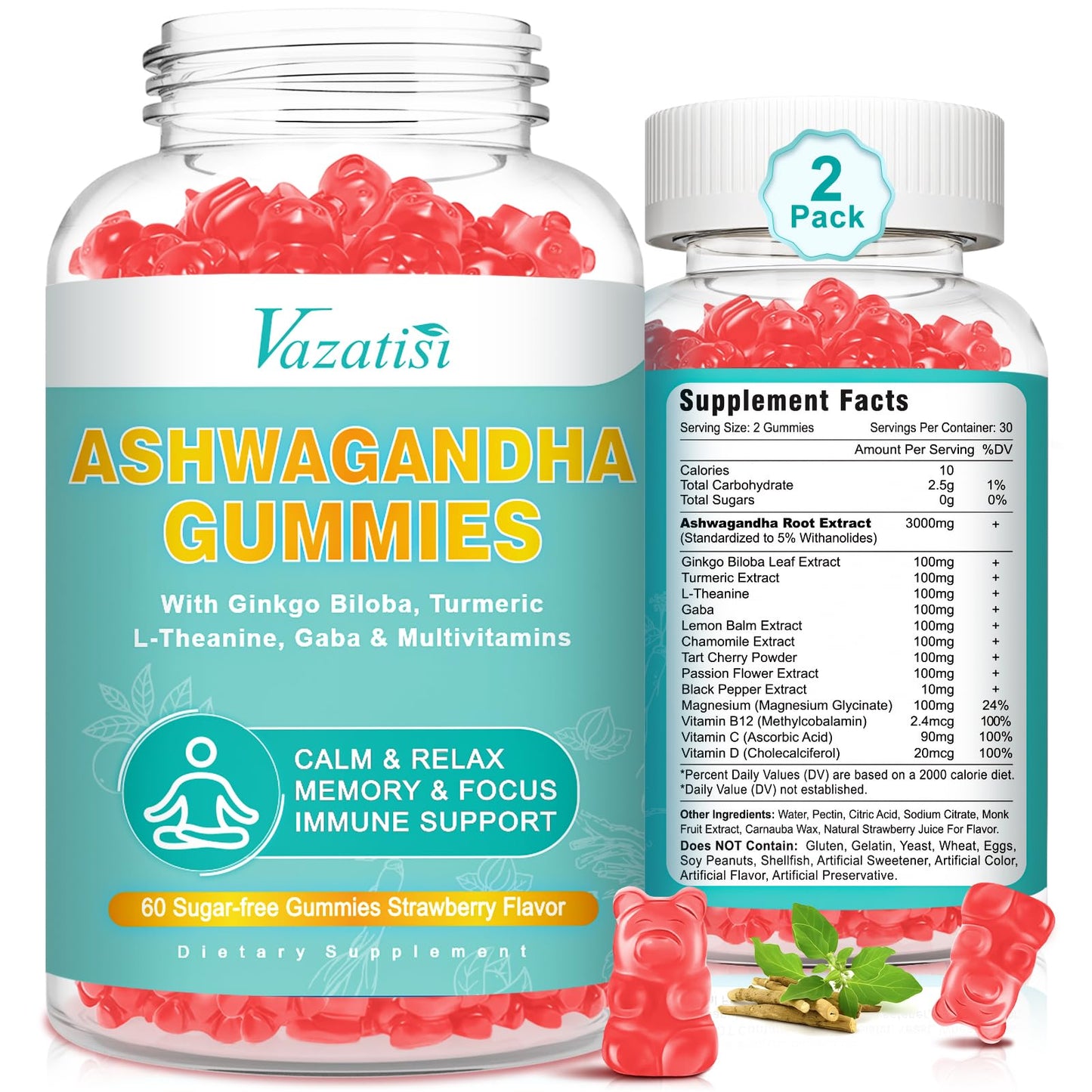 Vazatisi Ashwagandha Gummies with Turmeric GABA Mood Energy and Immune Support, 120 Gummies