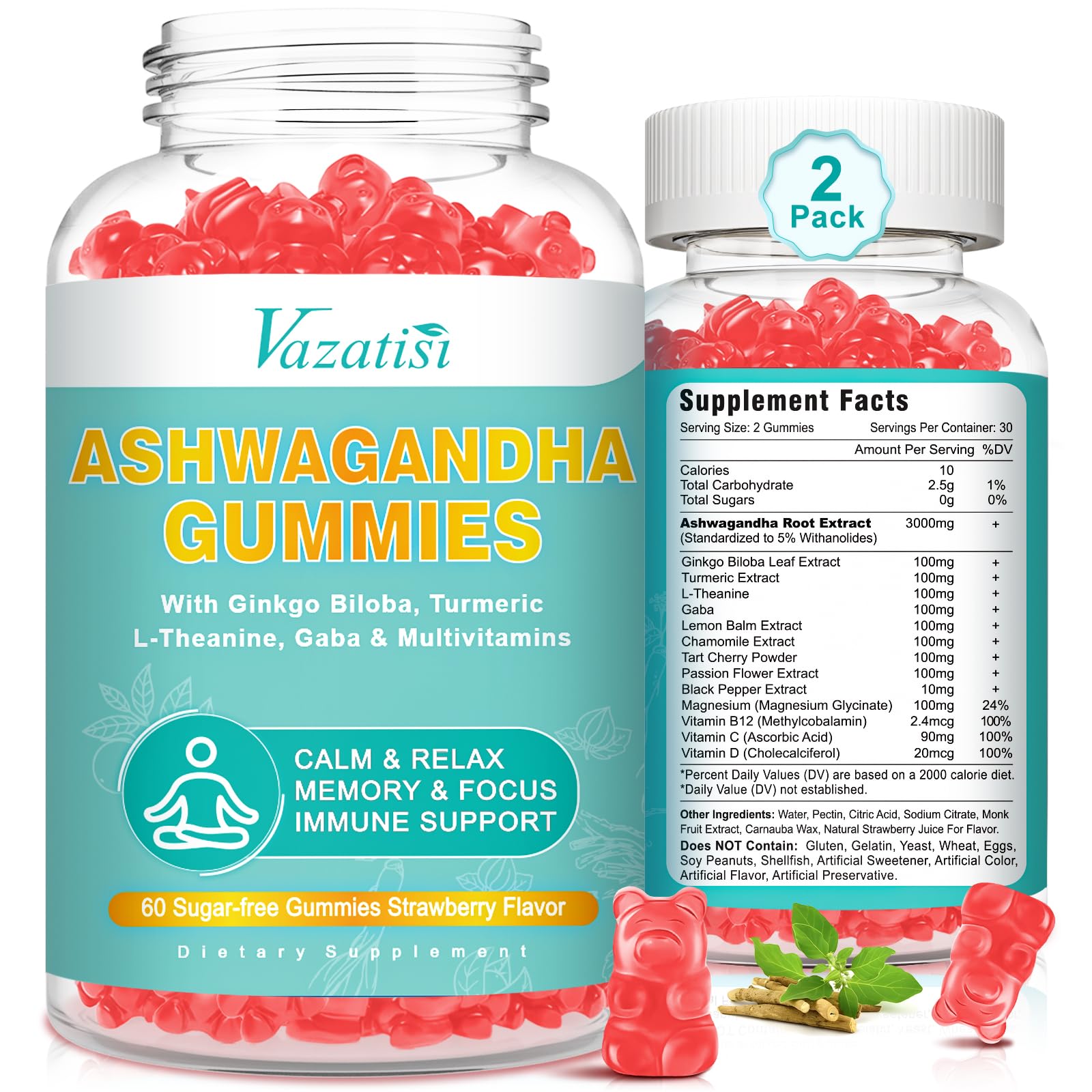 Vazatisi Ashwagandha Gummies with Turmeric GABA Mood Energy and Immune Support, 120 Gummies